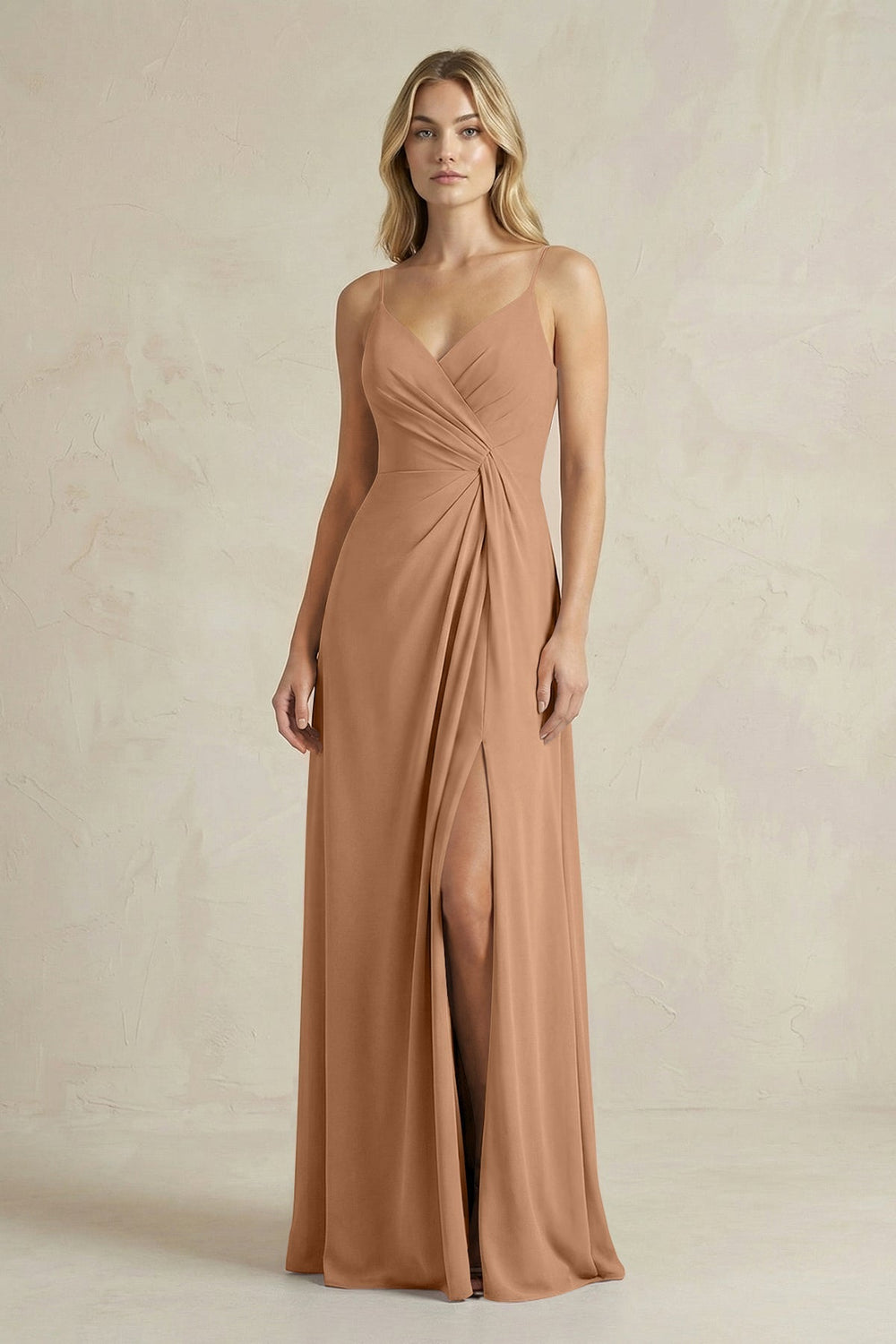 Sheath Cami Strap Ruched Chiffon Bridesmaid Dress in Bronzer
