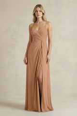 Sheath Cami Strap Ruched Chiffon Bridesmaid Dress in Bronzer - KISS BRIDAL Bridesmaid Dresses