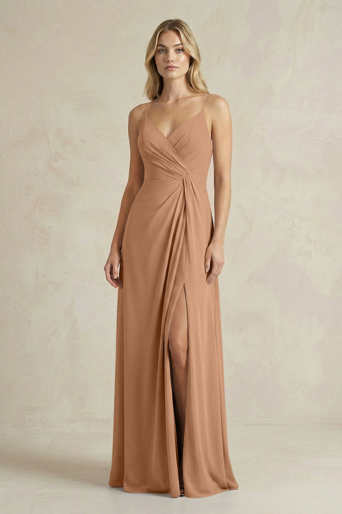 Sheath Cami Strap Ruched Chiffon Bridesmaid Dress in Bronzer - KISS BRIDAL Bridesmaid Dresses