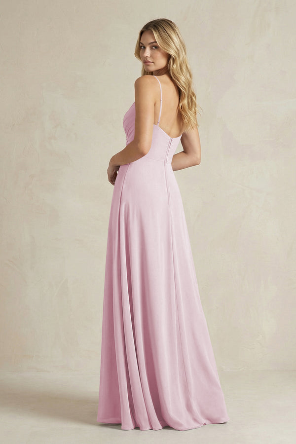 Sheath Cami Strap Ruched Chiffon Bridesmaid Dress in Candy Pink (2) | KISSBRIDAL