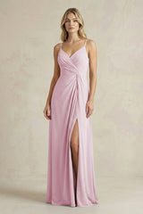 Sheath Cami Strap Ruched Chiffon Bridesmaid Dress in Candy Pink | KISSBRIDAL