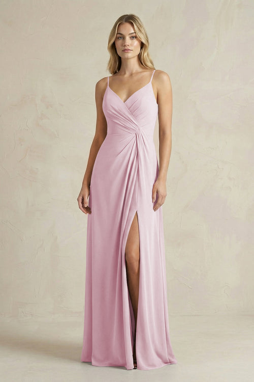 Sheath Cami Strap Ruched Chiffon Bridesmaid Dress in Candy Pink | KISSBRIDAL