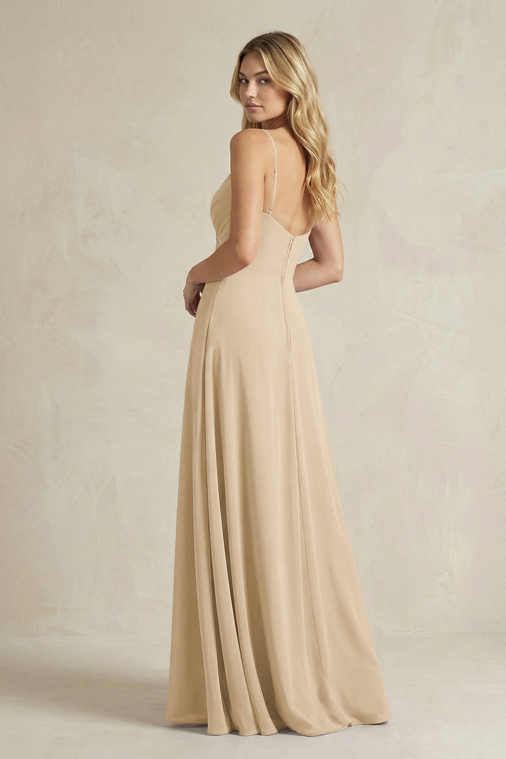 Sheath Cami Strap Ruched Chiffon Bridesmaid Dress in Champagne