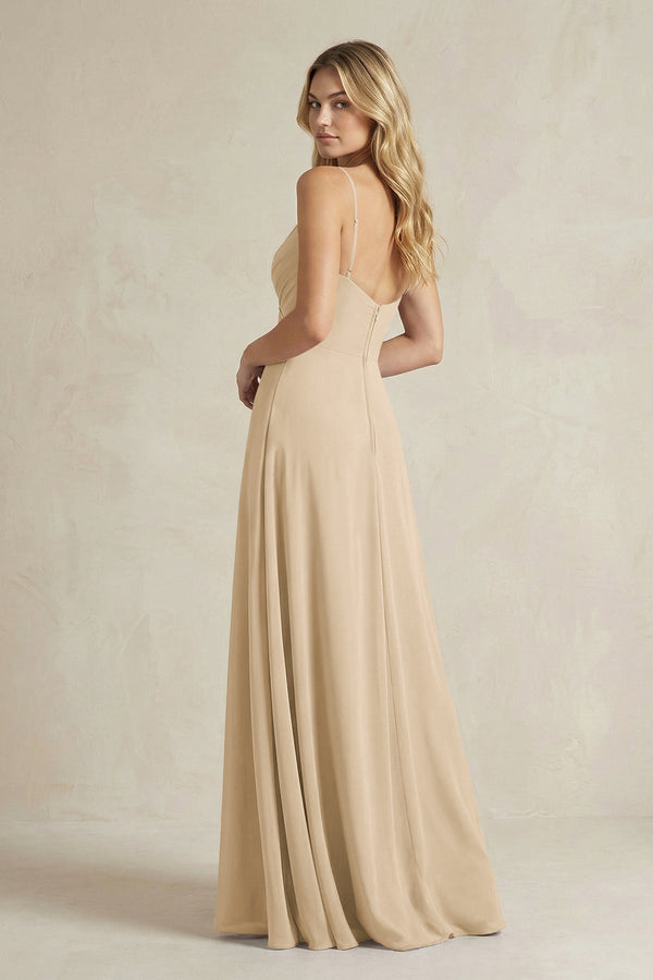 Sheath Cami Strap Ruched Chiffon Bridesmaid Dress in Champagne (2) | KISSBRIDAL