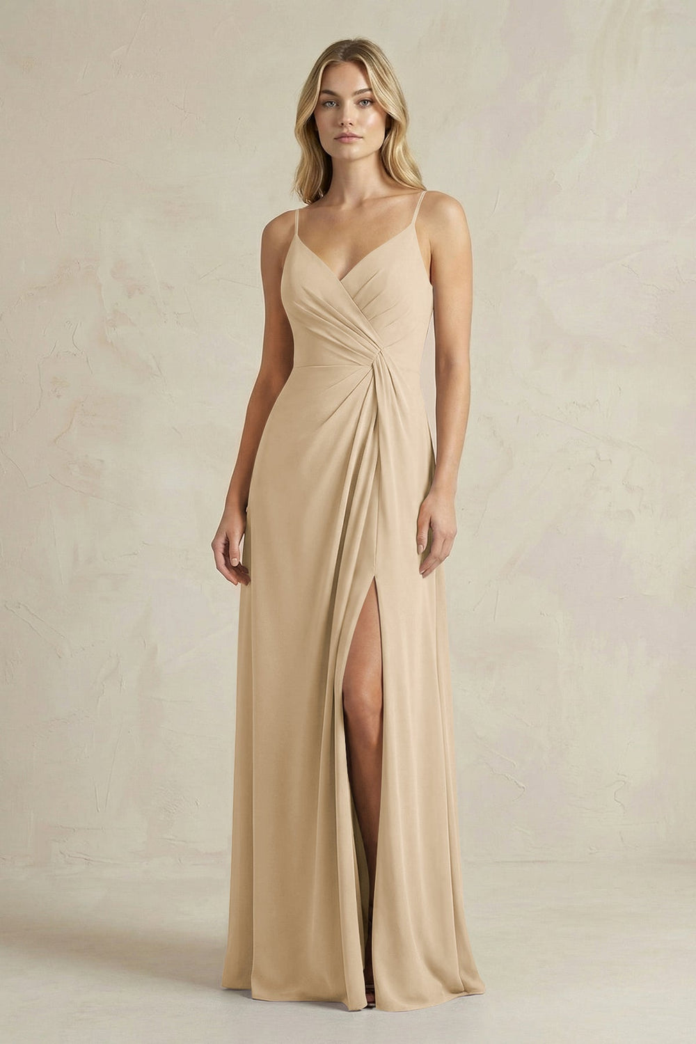 Sheath Cami Strap Ruched Chiffon Bridesmaid Dress in Champagne