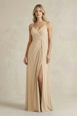Sheath Cami Strap Ruched Chiffon Bridesmaid Dress in Champagne | KISSBRIDAL