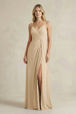 Sheath Cami Strap Ruched Chiffon Bridesmaid Dress in Champagne | KISSBRIDAL