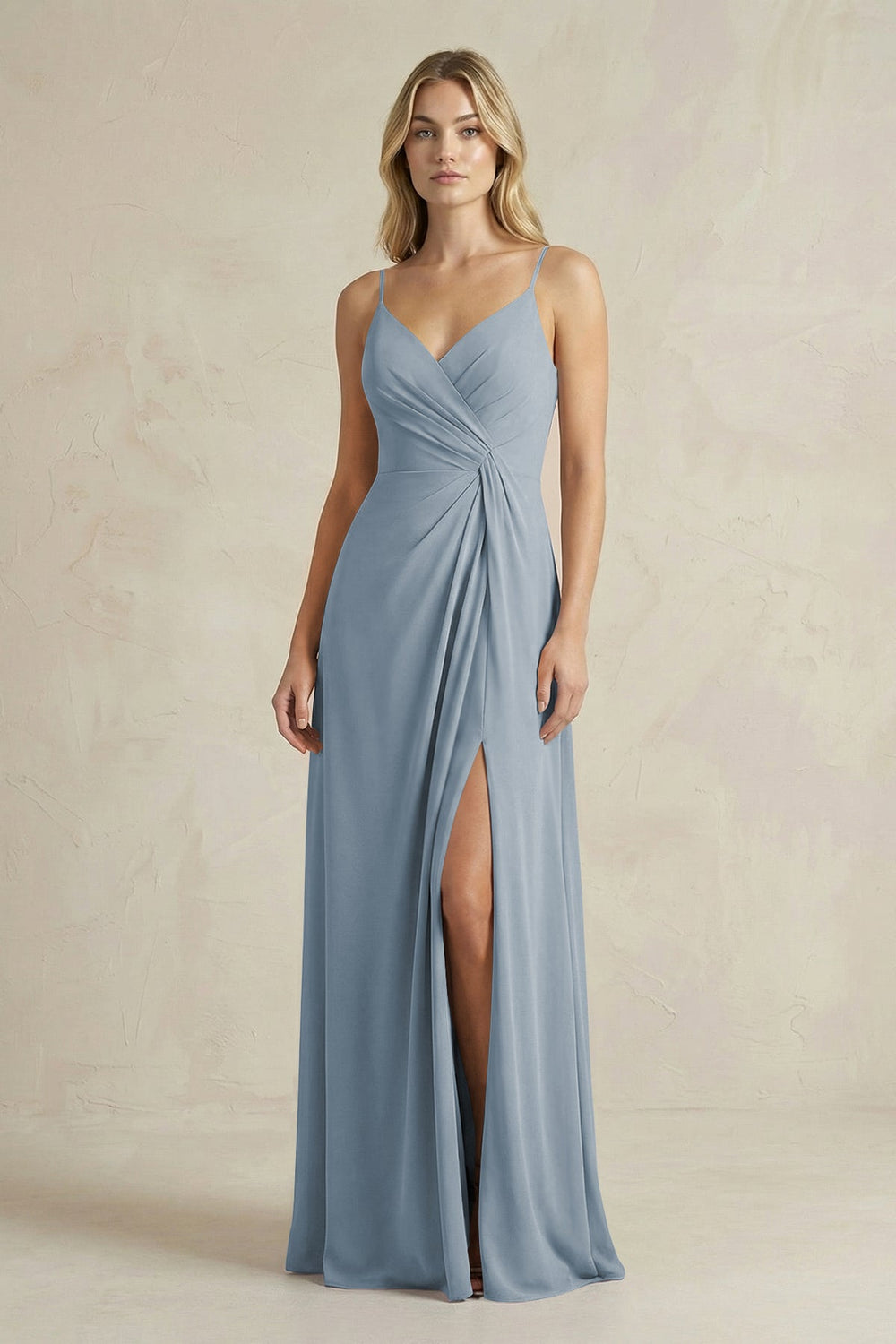 Sheath Cami Strap Ruched Chiffon Bridesmaid Dress in Dusty Blue