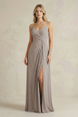 Sheath Cami Strap Ruched Chiffon Bridesmaid Dress in Frost | KISSBRIDAL