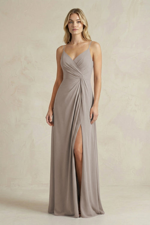 Sheath Cami Strap Ruched Chiffon Bridesmaid Dress in Frost | KISSBRIDAL