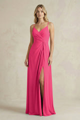 Sheath Cami Strap Ruched Chiffon Bridesmaid Dress in Fuchsia | KISSBRIDAL