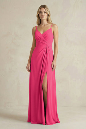 Sheath Cami Strap Ruched Chiffon Bridesmaid Dress in Fuchsia | KISSBRIDAL