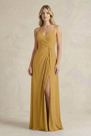 Sheath Cami Strap Ruched Chiffon Bridesmaid Dress in Marigold | KISSBRIDAL