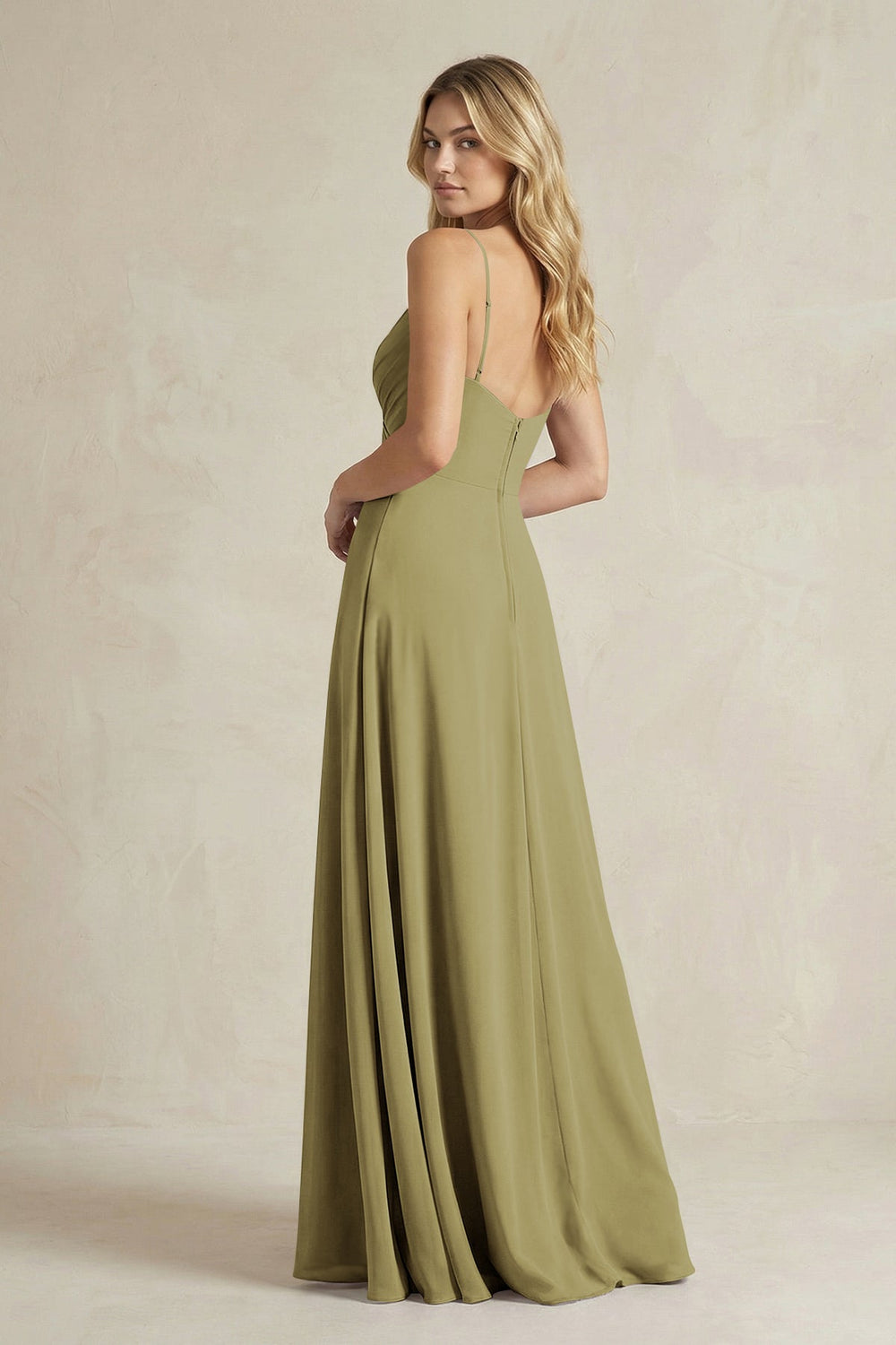 Sheath Cami Strap Ruched Chiffon Bridesmaid Dress in Moss Green
