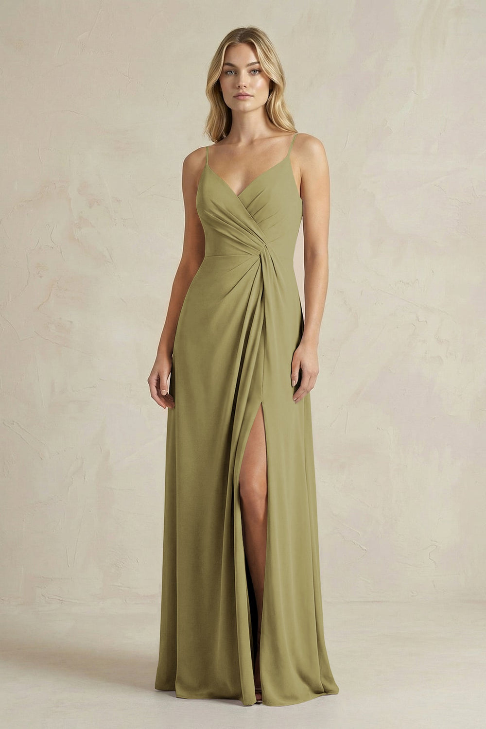 Sheath Cami Strap Ruched Chiffon Bridesmaid Dress in Moss Green