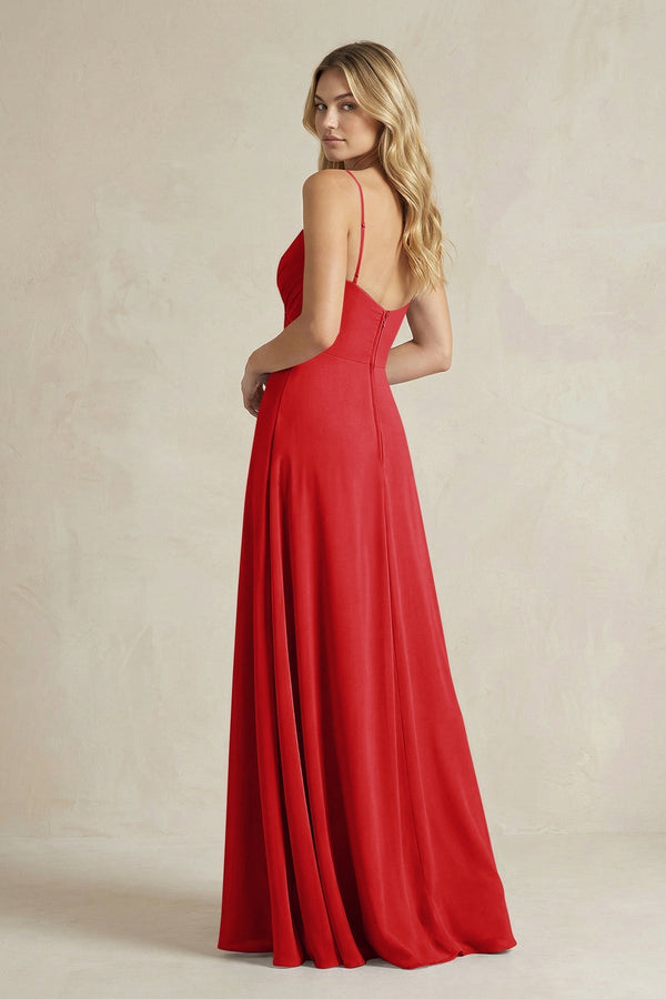 Sheath Cami Strap Ruched Chiffon Bridesmaid Dress in Ruby Red - KISS BRIDAL Bridesmaid Dresses