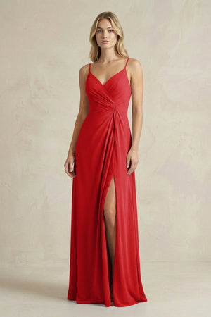 Sheath Cami Strap Ruched Chiffon Bridesmaid Dress in Ruby Red - KISS BRIDAL Bridesmaid Dresses