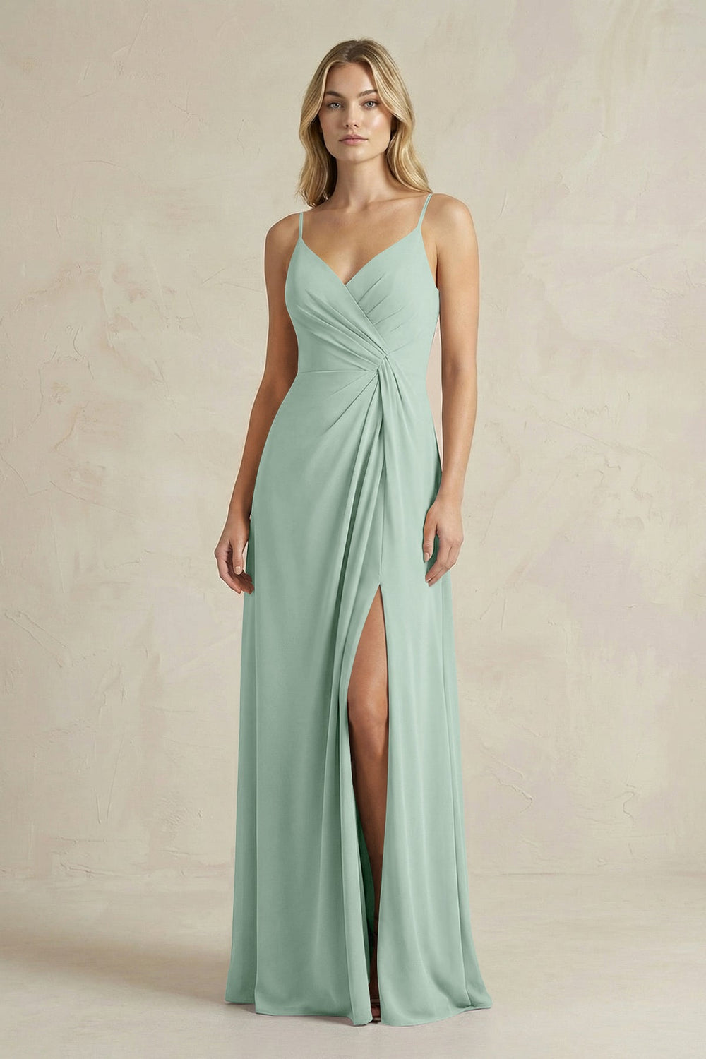 Sheath Cami Strap Ruched Chiffon Bridesmaid Dress in Sage