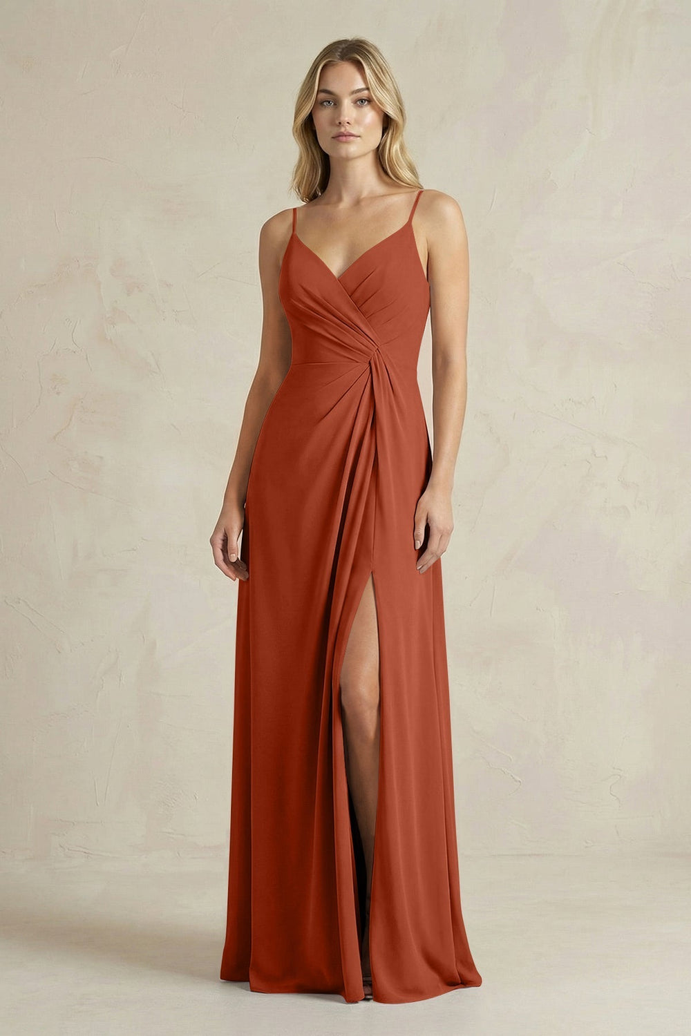 Sheath Cami Strap Ruched Chiffon Bridesmaid Dress in Spice