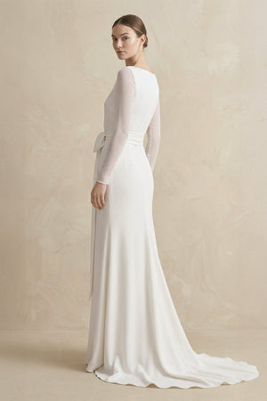 Sheath Chiffon Bateau Long Sleeve Wedding Dress in White - KISS BRIDAL Wedding Dresses