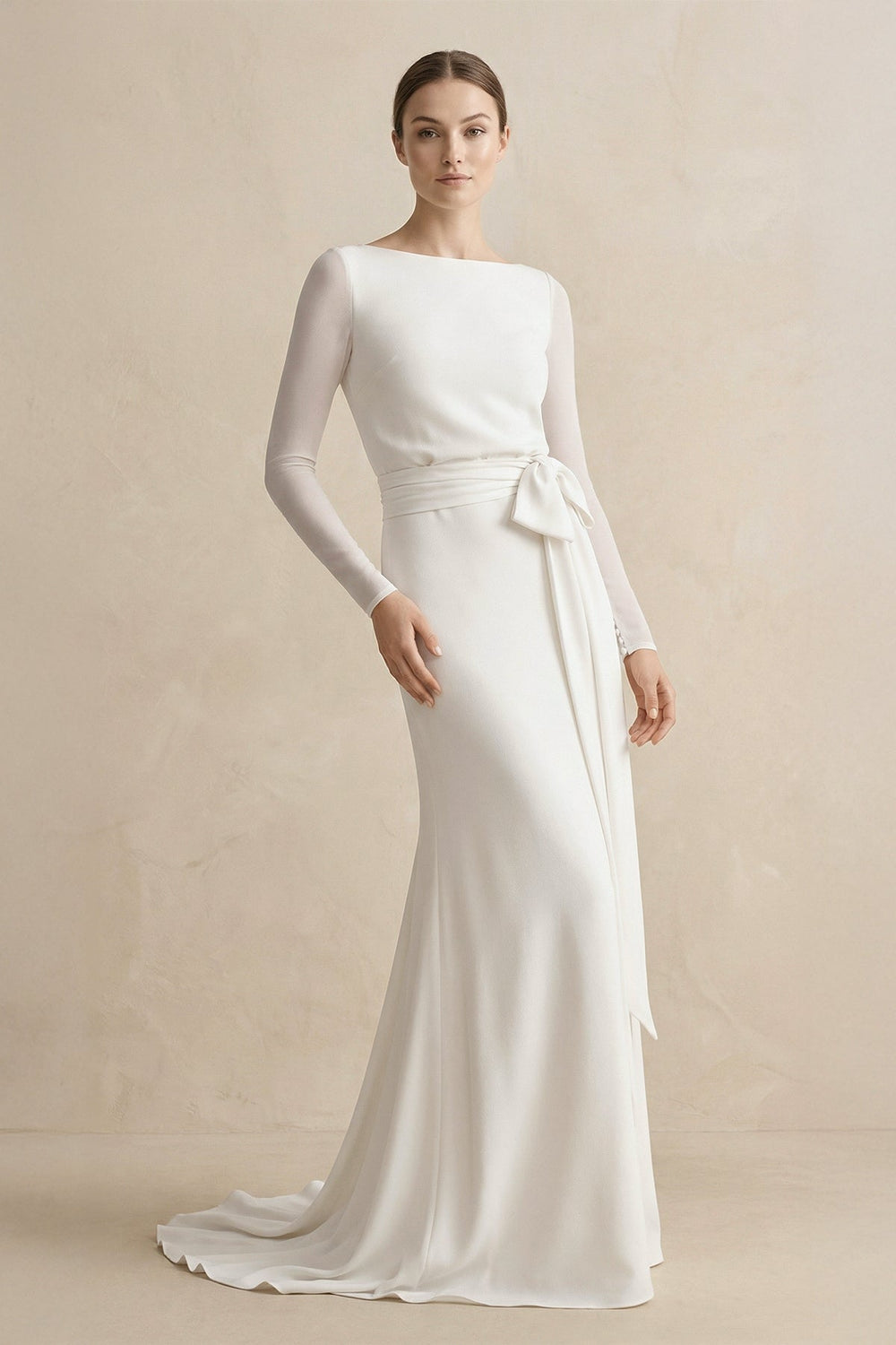 Sheath Chiffon Bateau Long Sleeve Wedding Dress in White