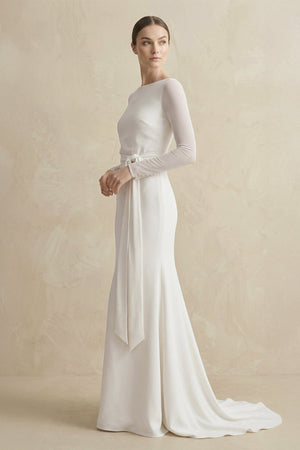 Sheath Chiffon Bateau Long Sleeve Wedding Dress in White - KISS BRIDAL Wedding Dresses