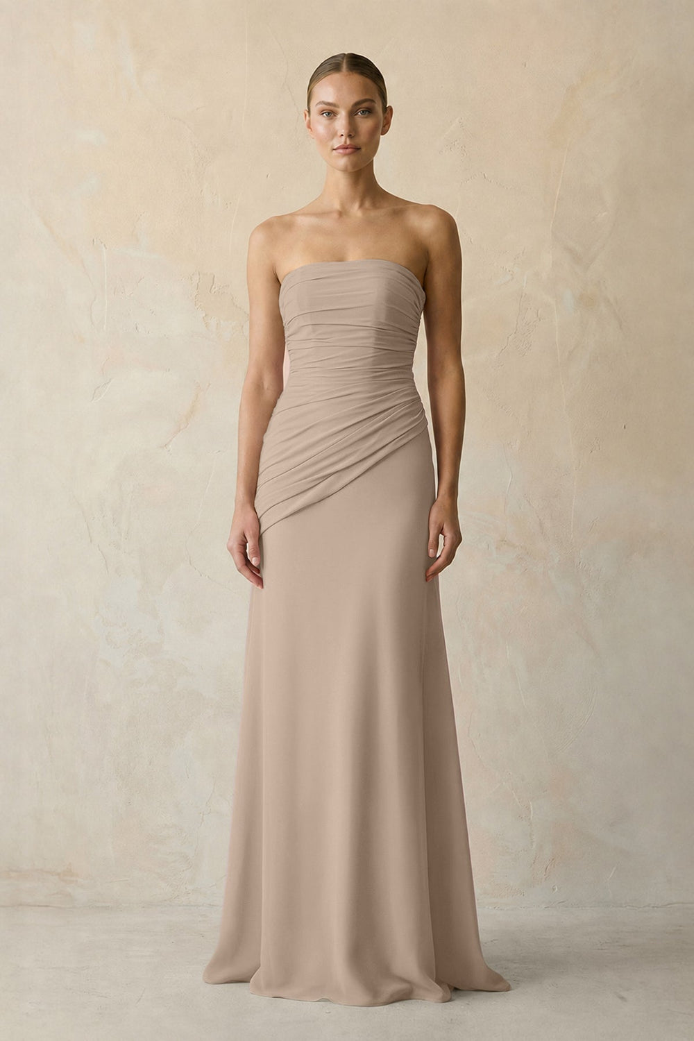 Sheath Chiffon Strapless Pleated Bridesmaid Dress in Almond