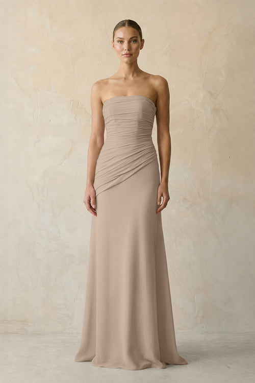 Sheath Chiffon Strapless Pleated Bridesmaid Dress in Almond | KISSBRIDAL