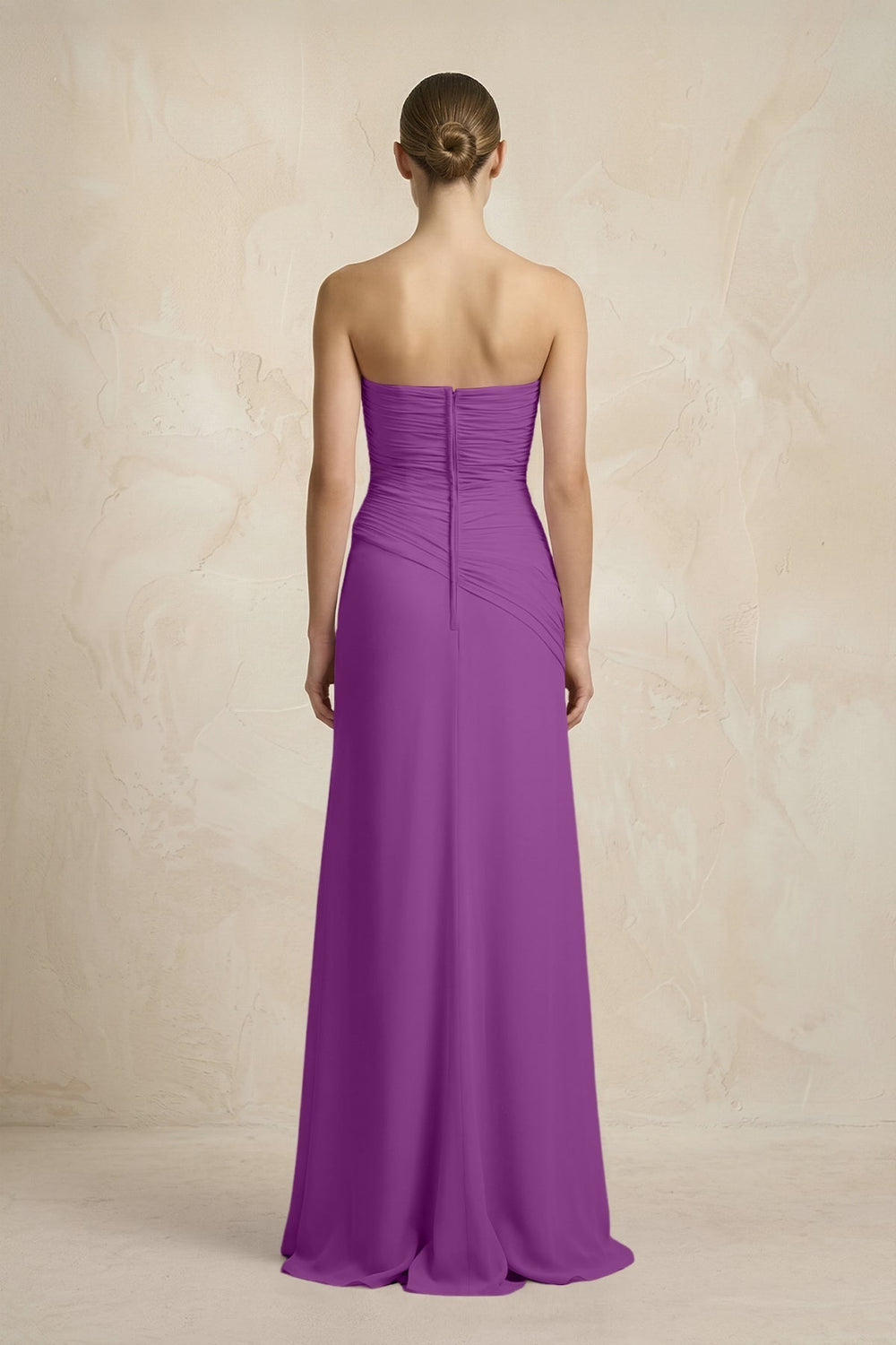 Sheath Chiffon Strapless Pleated Bridesmaid Dress in Amethyst