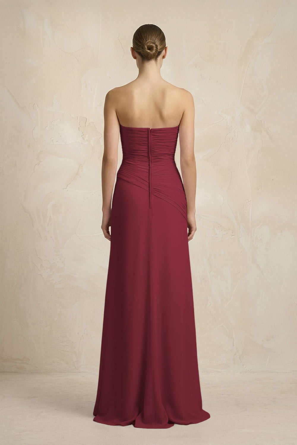 Sheath Chiffon Strapless Pleated Bridesmaid Dress in Berry