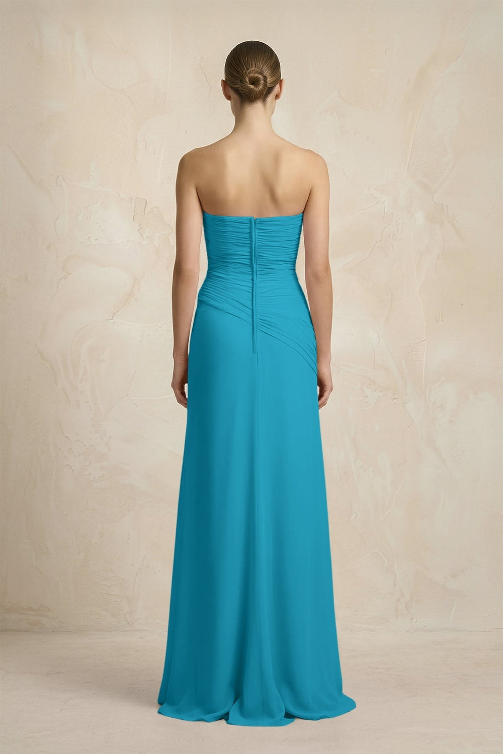 Sheath Chiffon Strapless Pleated Bridesmaid Dress in Blue Jay
