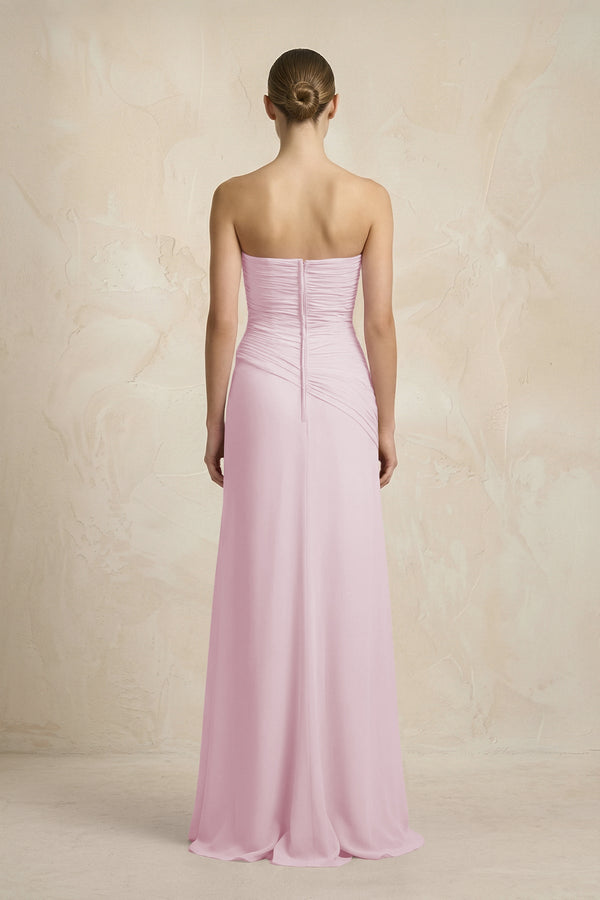 Sheath Chiffon Strapless Pleated Bridesmaid Dress in Candy Pink (2) | KISSBRIDAL