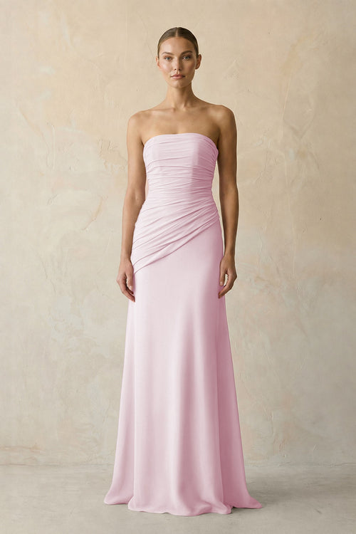 Sheath Chiffon Strapless Pleated Bridesmaid Dress in Candy Pink | KISSBRIDAL