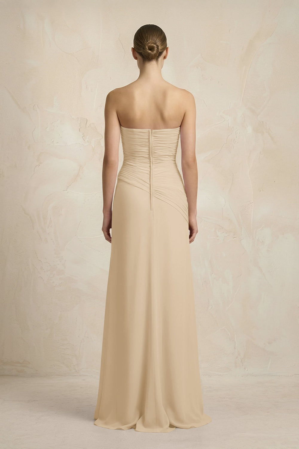 Sheath Chiffon Strapless Pleated Bridesmaid Dress in Champagne