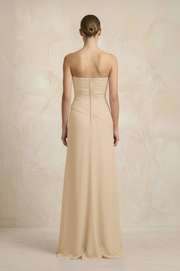 Sheath Chiffon Strapless Pleated Bridesmaid Dress in Champagne (2) | KISSBRIDAL