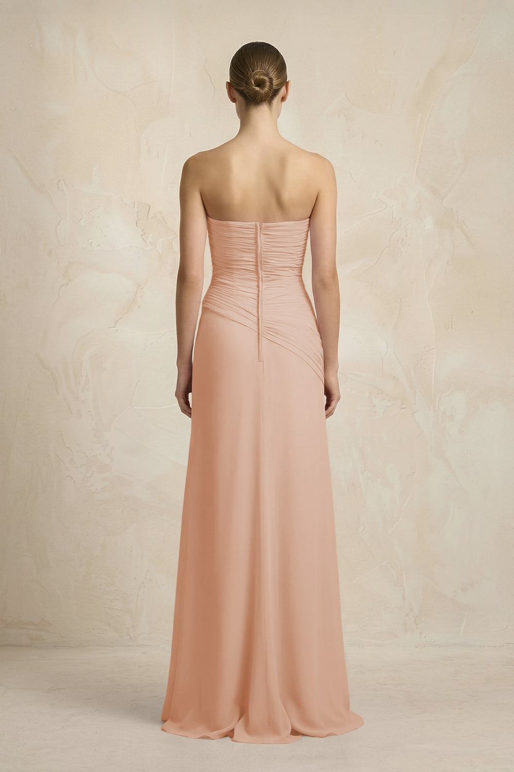 Sheath Chiffon Strapless Pleated Bridesmaid Dress in Champagne Rose