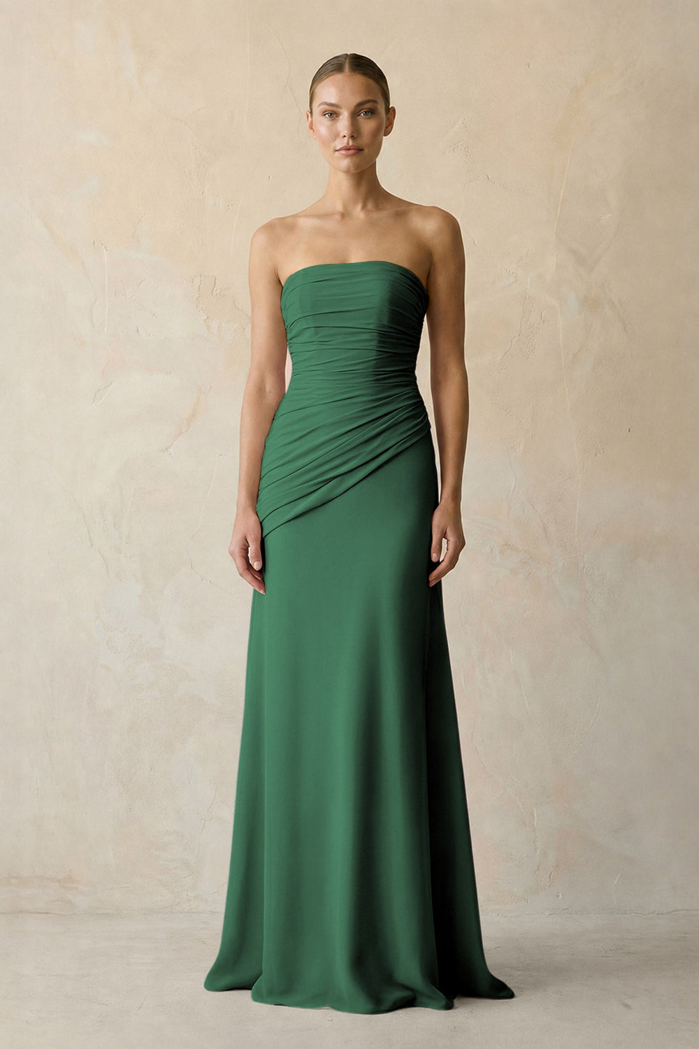Sheath Chiffon Strapless Pleated Bridesmaid Dress in Dark Green