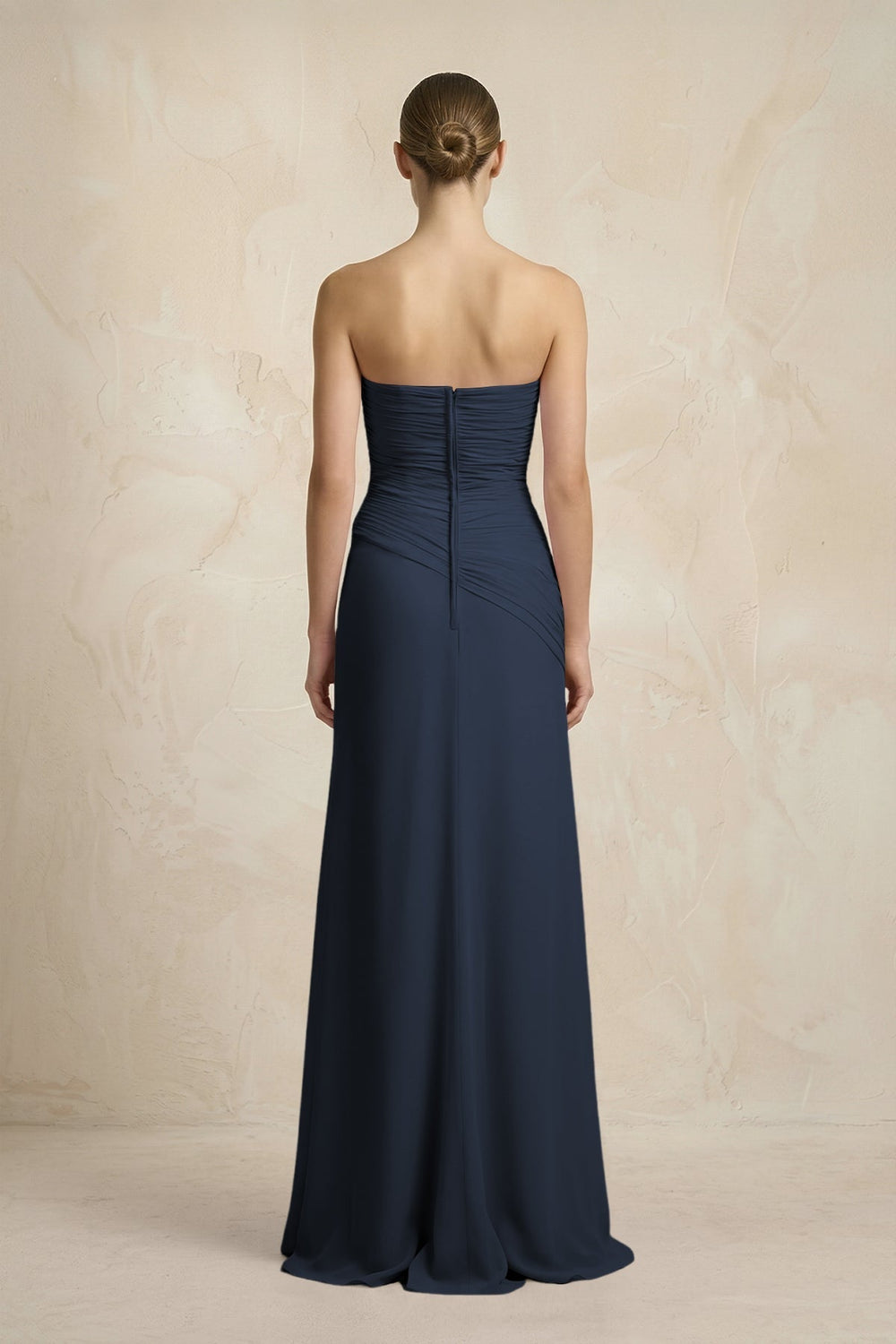 Sheath Chiffon Strapless Pleated Bridesmaid Dress in Dark Navy