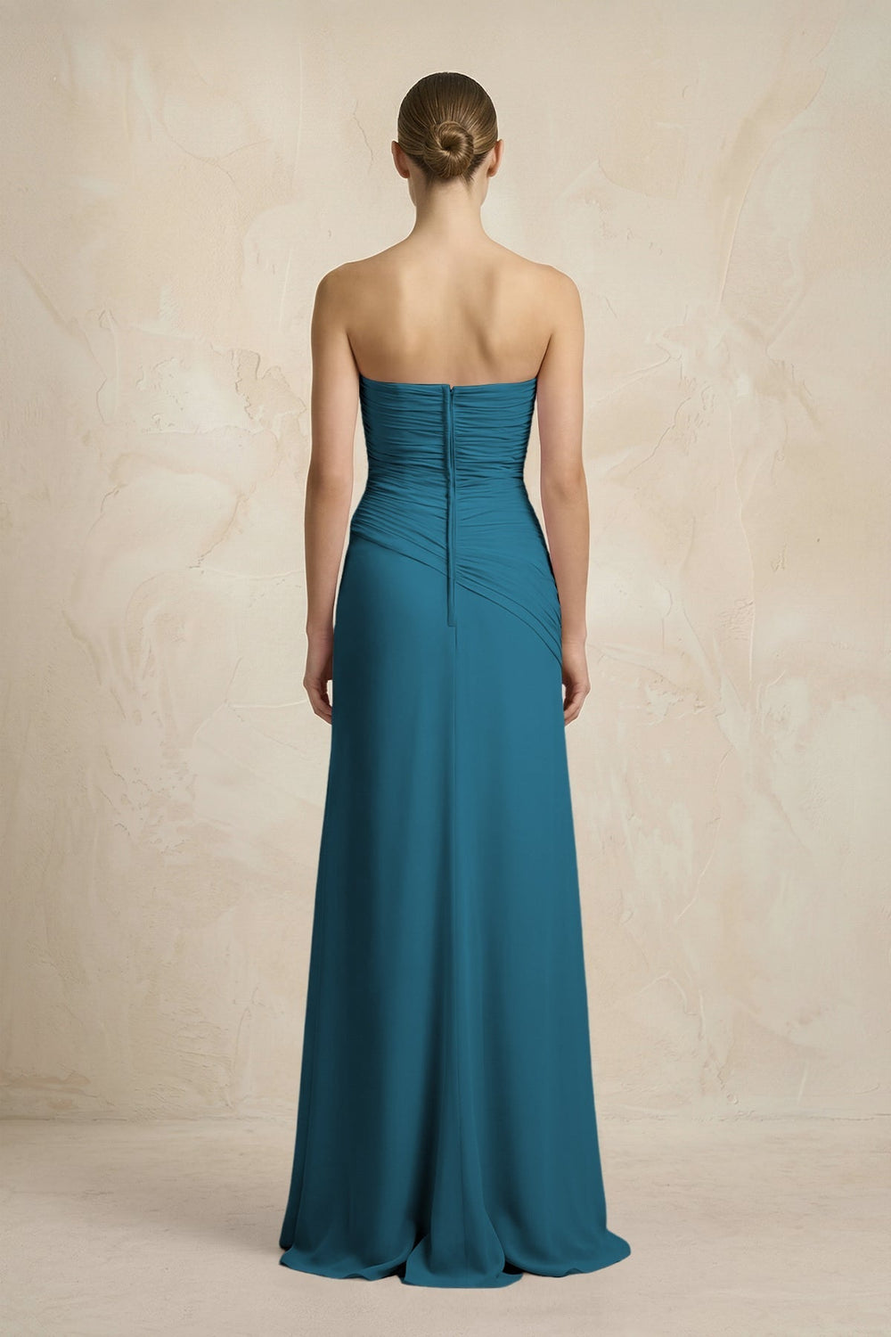 Sheath Chiffon Strapless Pleated Bridesmaid Dress in Dark Teal