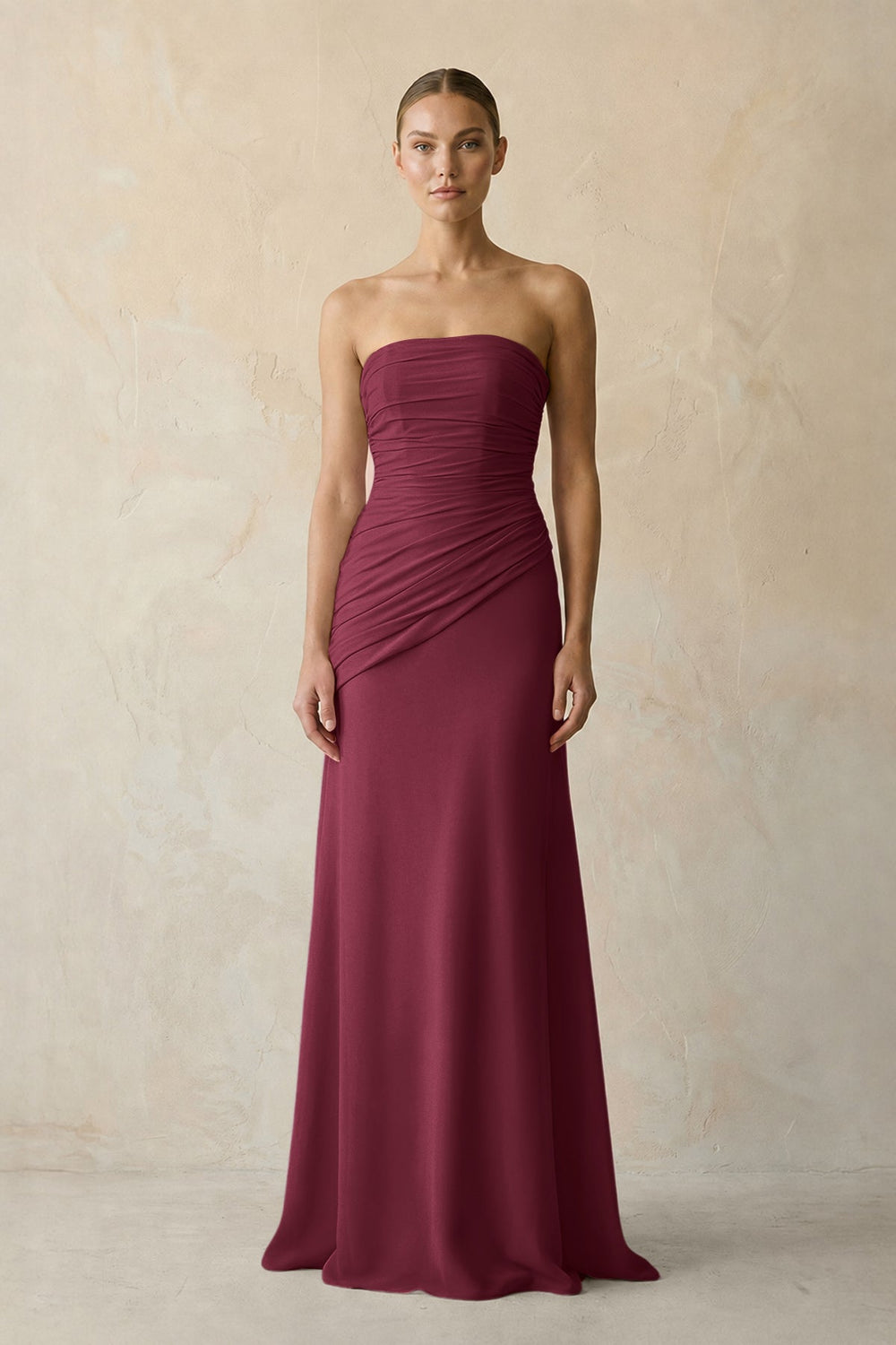 Sheath Chiffon Strapless Pleated Bridesmaid Dress in Desert Rose