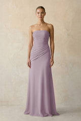 Sheath Chiffon Strapless Pleated Bridesmaid Dress in Dusk | KISSBRIDAL