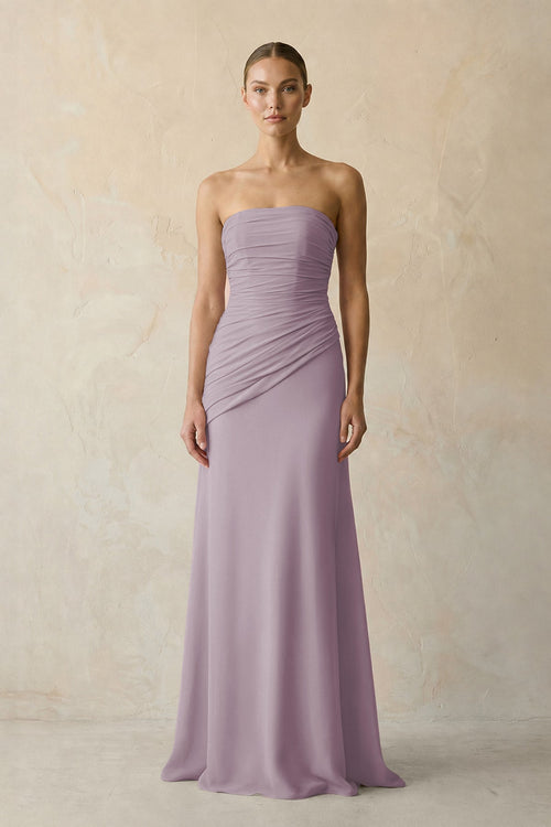 Sheath Chiffon Strapless Pleated Bridesmaid Dress in Dusk | KISSBRIDAL