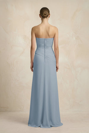Sheath Chiffon Strapless Pleated Bridesmaid Dress in Dusty Blue (2) | KISSBRIDAL