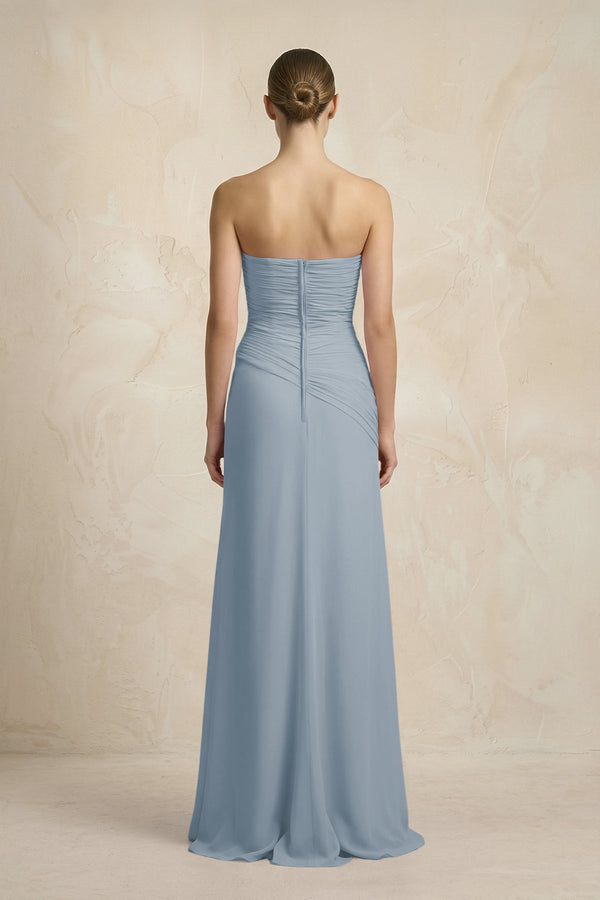 Sheath Chiffon Strapless Pleated Bridesmaid Dress in Dusty Blue (2) | KISSBRIDAL