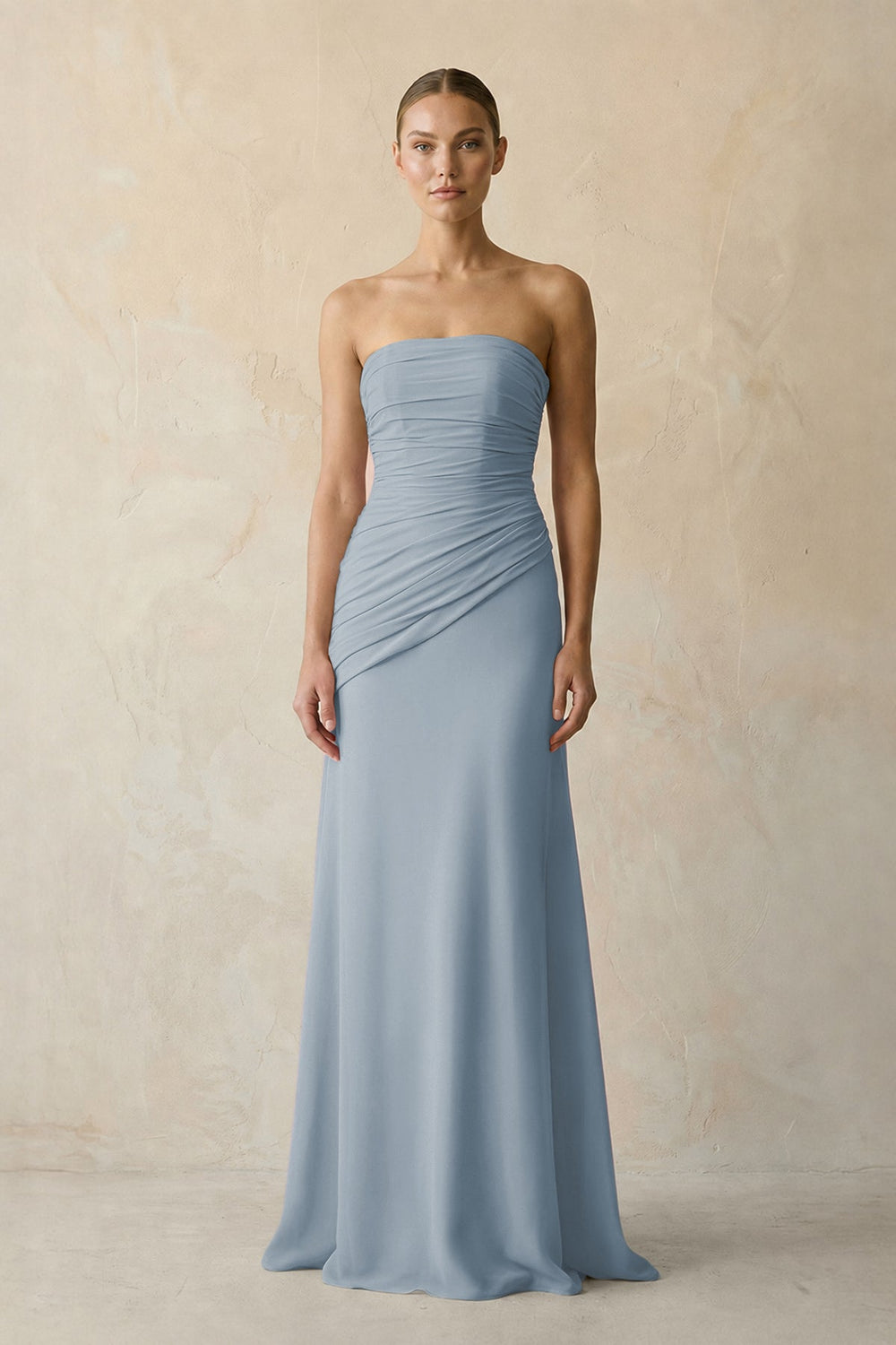Sheath Chiffon Strapless Pleated Bridesmaid Dress in Dusty Blue