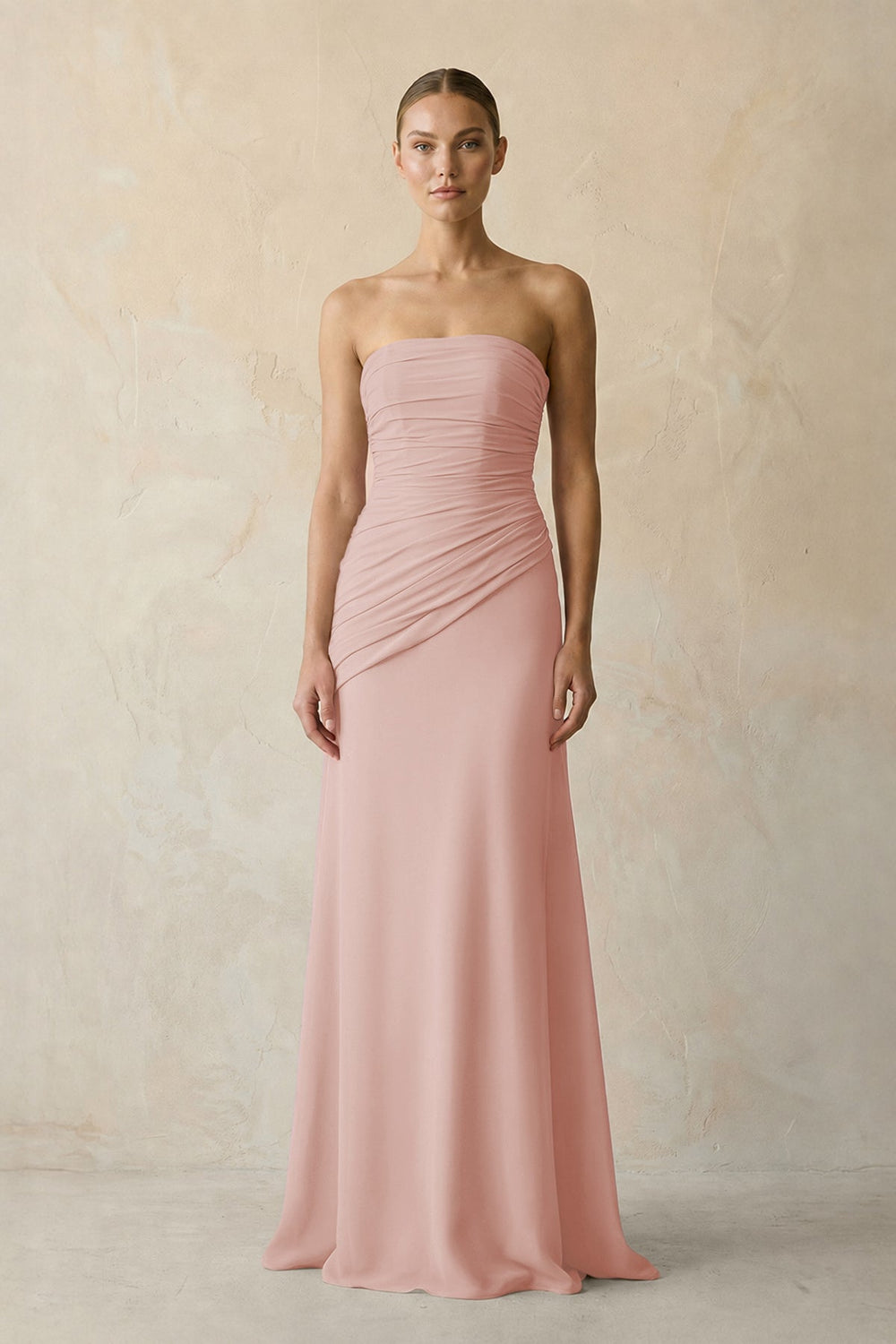 Sheath Chiffon Strapless Pleated Bridesmaid Dress in English Rose