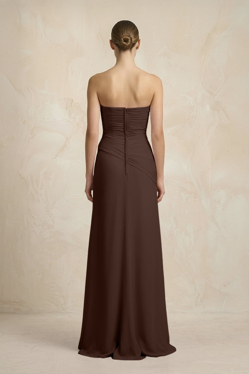Sheath Chiffon Strapless Pleated Bridesmaid Dress in Espresso