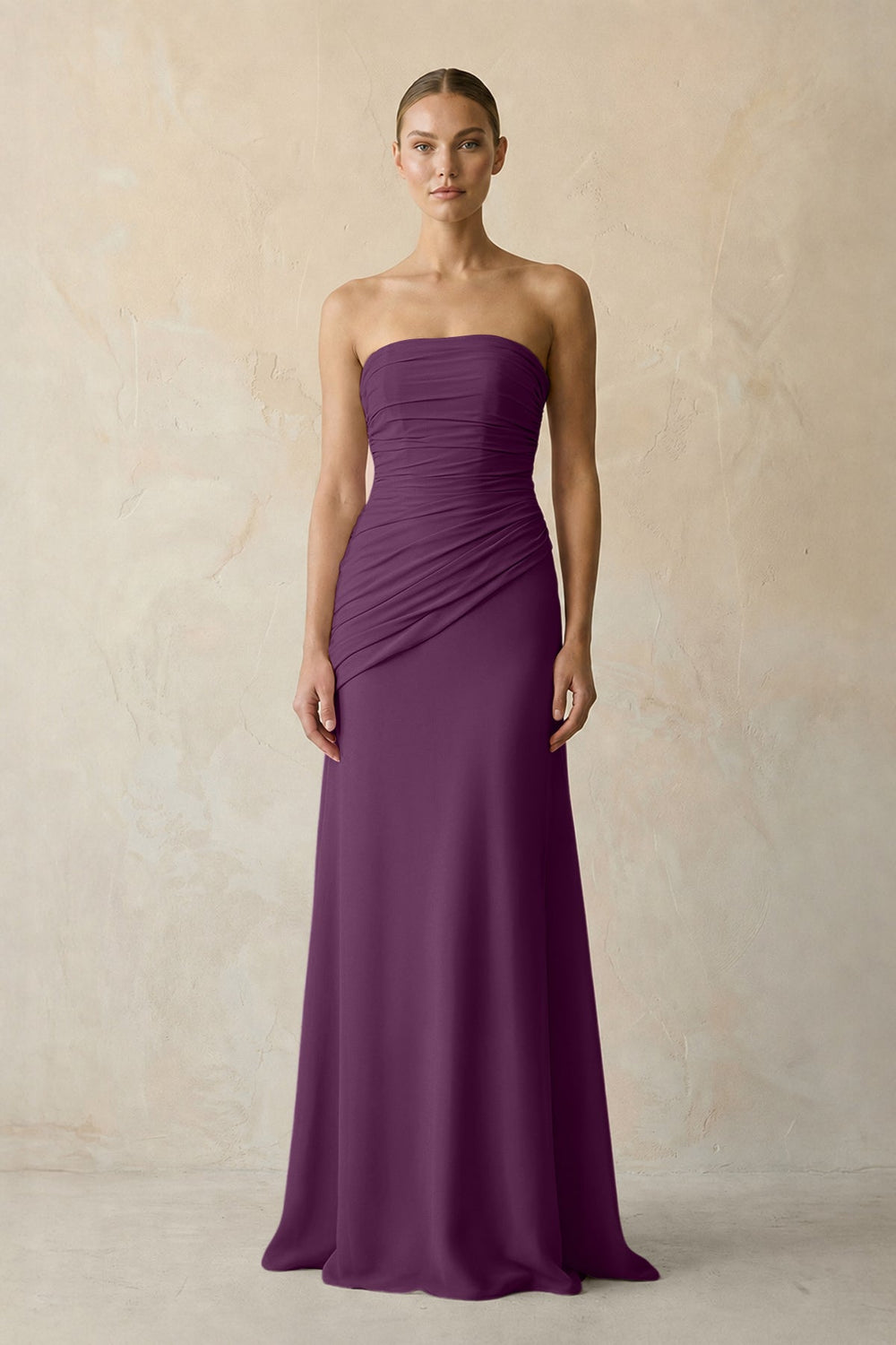 Sheath Chiffon Strapless Pleated Bridesmaid Dress in Fig