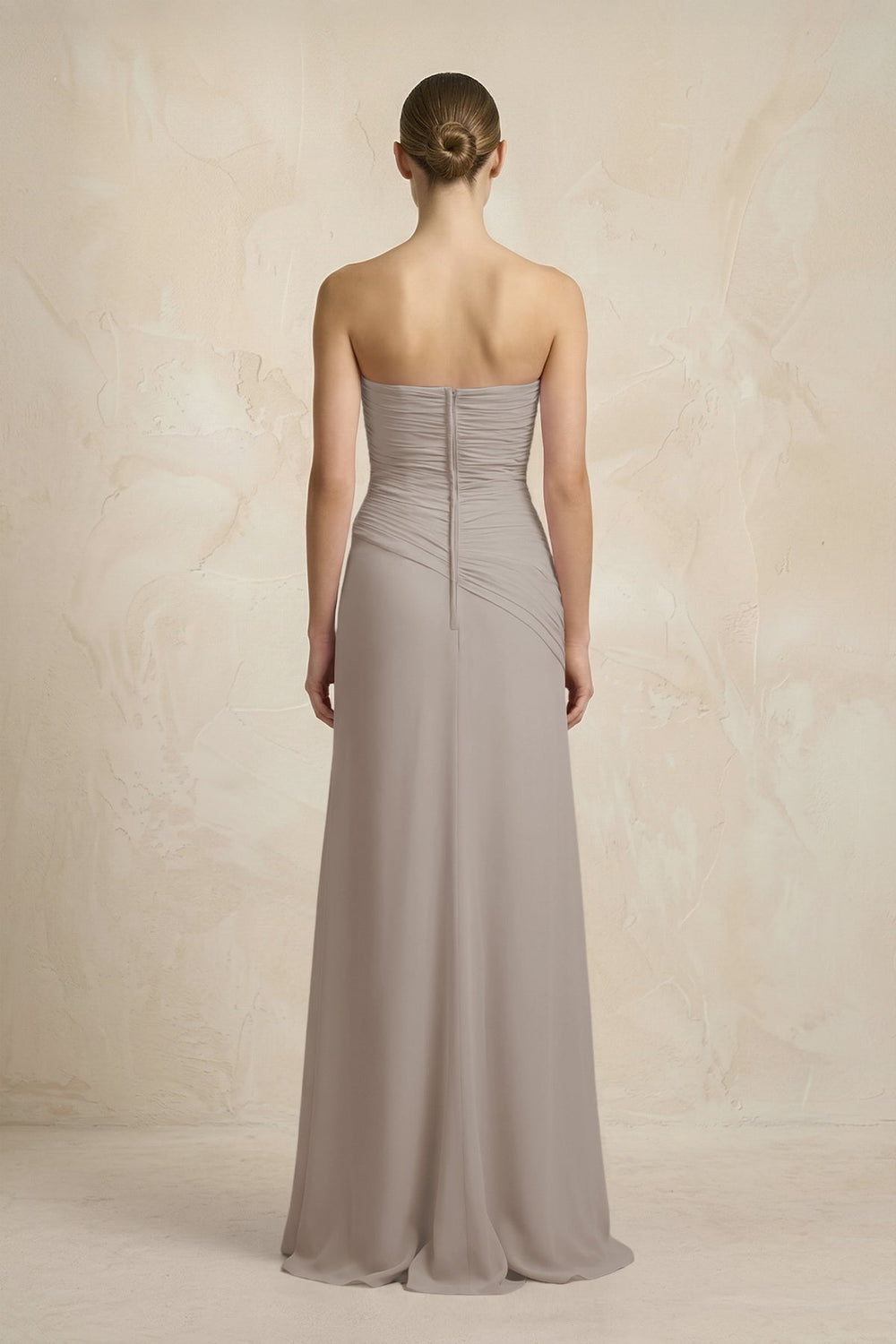 Sheath Chiffon Strapless Pleated Bridesmaid Dress in Frost
