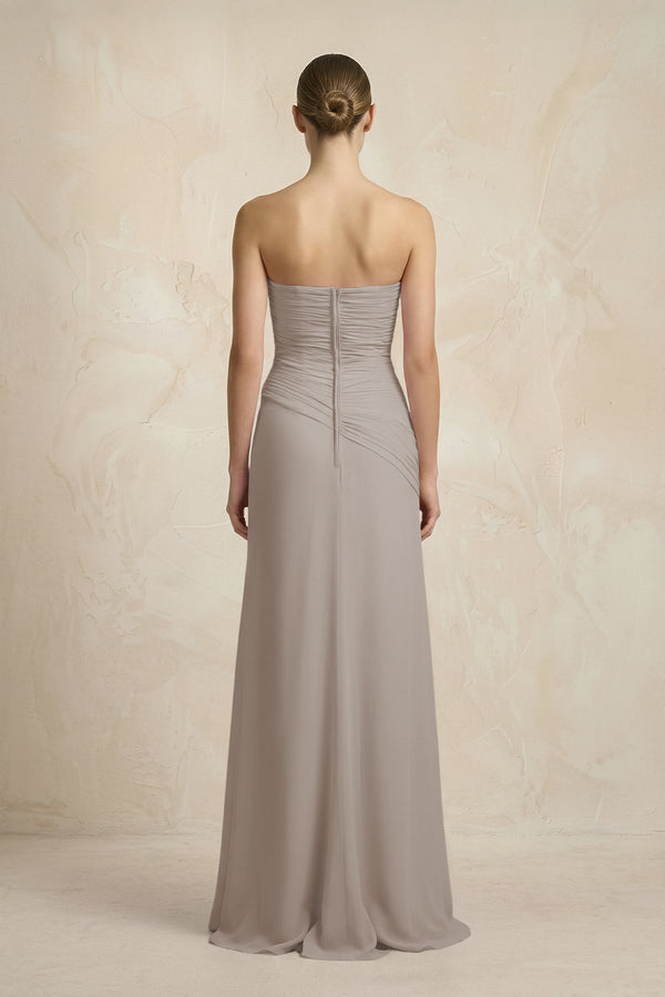 Sheath Chiffon Strapless Pleated Bridesmaid Dress in Frost (2) | KISSBRIDAL